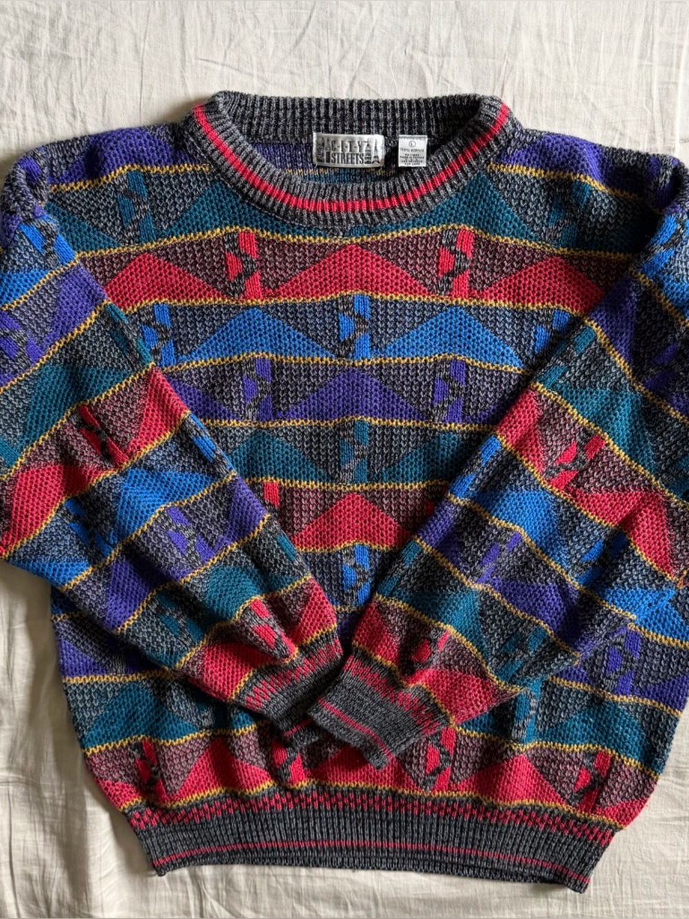 Vintage City Streets Geometric Abstract Knit Sweater Sz L Multicolor Hip Hop 80s